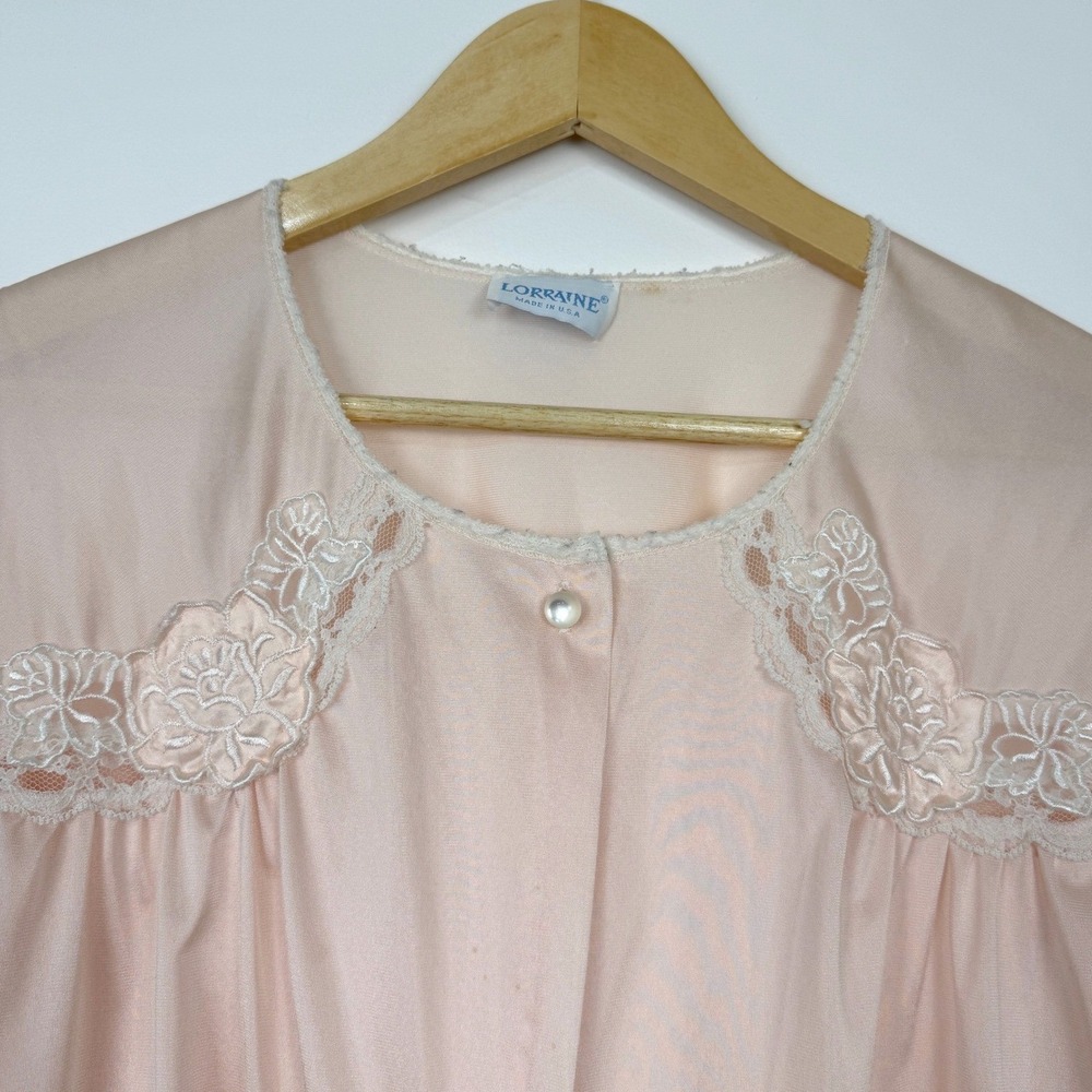Vintage 70s 80s Lorraine Button Front Housecoat Robe Nightgown Large Peach Nylon